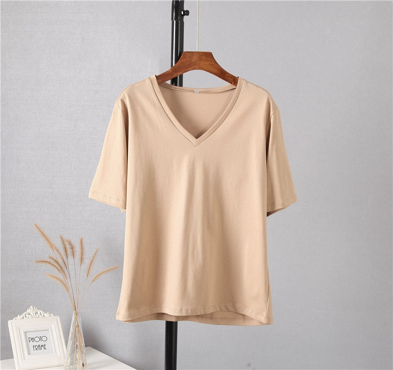 Hirsionsan 100% Cotton Summer T Shirt Women Soft Short Sleeve V Neck Female Tees Basic Kintwear Tops Harajuku Tshirt for Ladies