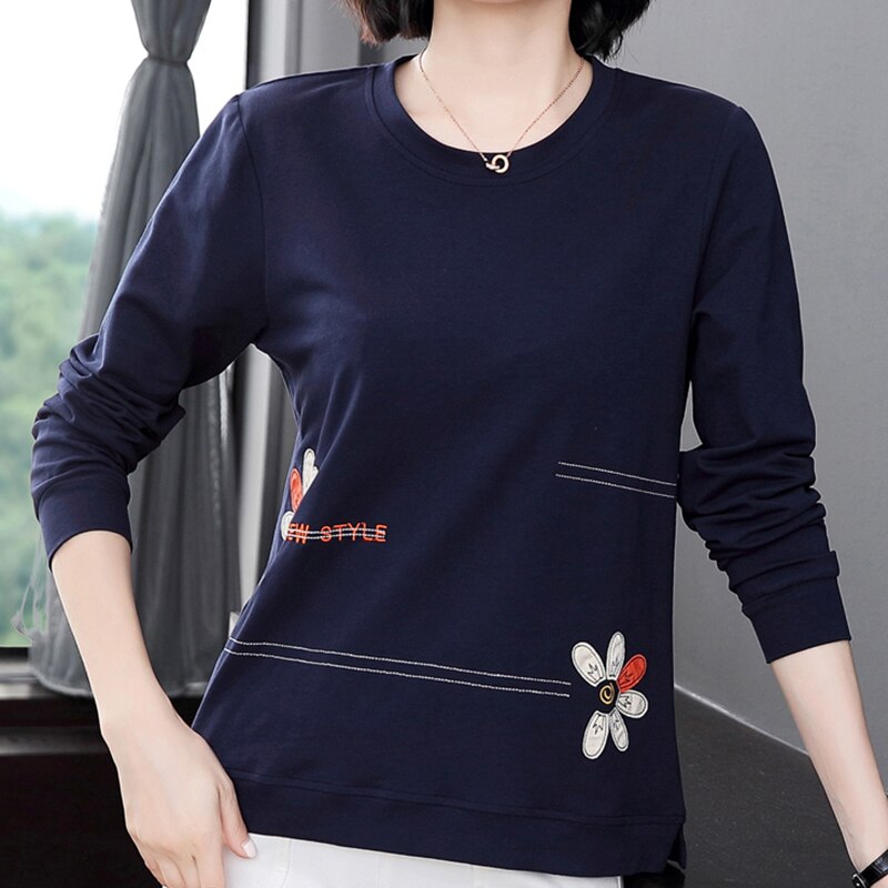 Floral Letter Embroidery Long Sleeve T Shirt Women Spring