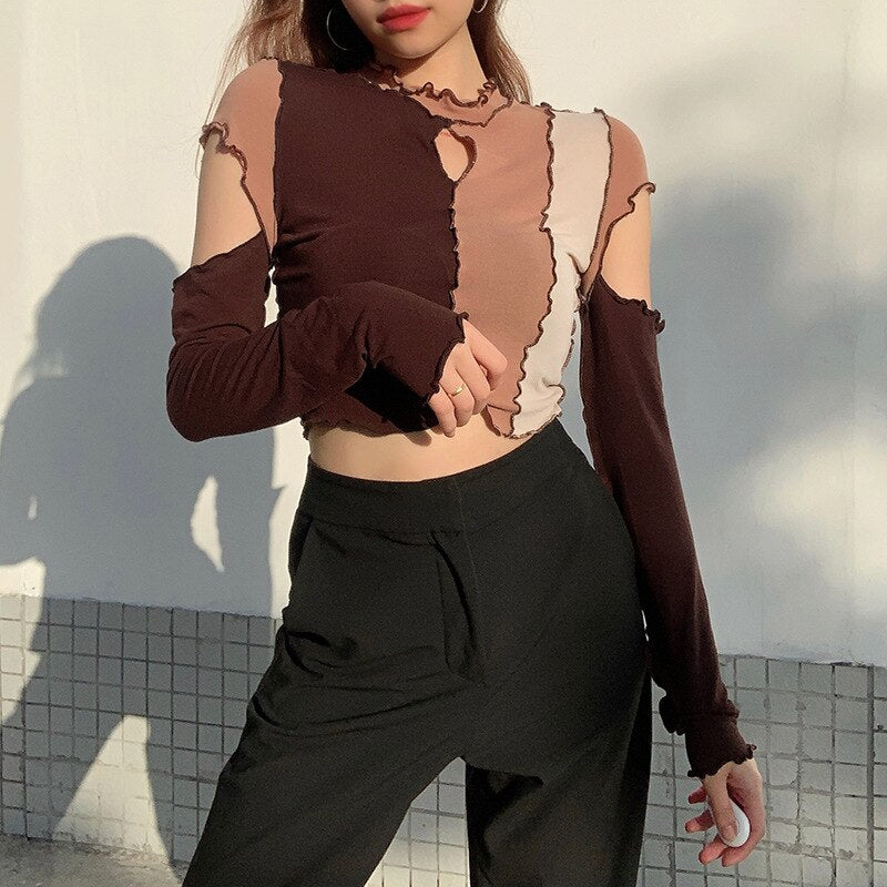 Frill T Shirt Cut Out Crop Top For Women Y2K Pullovers Contrast Long Sleeve Short T Shirt Harajuku Clubwear Autumn Top