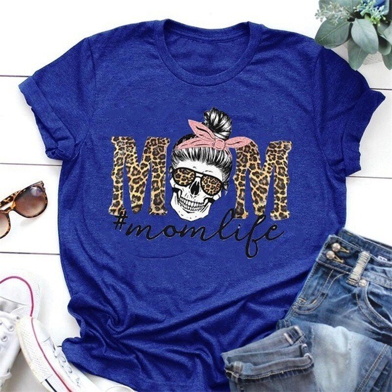 Leopard Skull Head Mom Life Print Women Short Sleeve O Neck