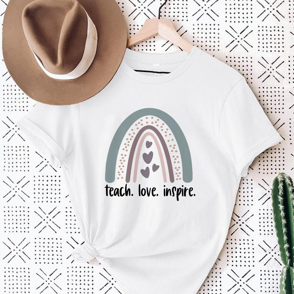 Love Rainbow Print White T-shirt Teacher Life Short Sleeve