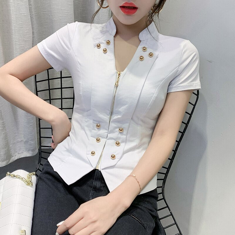 Summer Korean Clothes T-shirt Vintage Zipper Women Tops Ropa Mujer Shirt Short Sleeve Button Tees New Black White