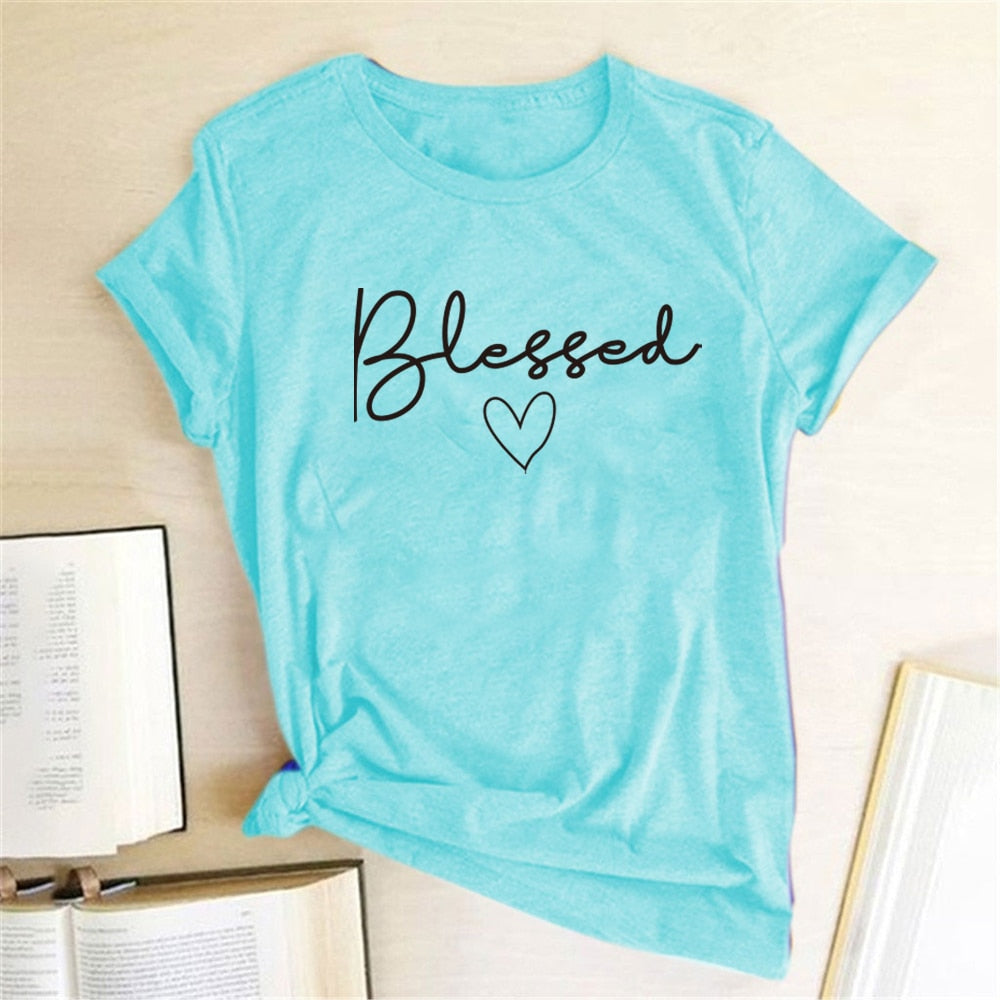 Blessed Heart Printing T-shirts Women Summer Clothes Vogue