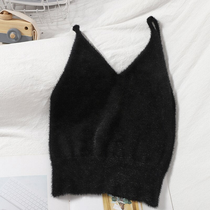 Women Summer Solid Fuzzy Knitted Crop Tops V Neck Sexy Cosy