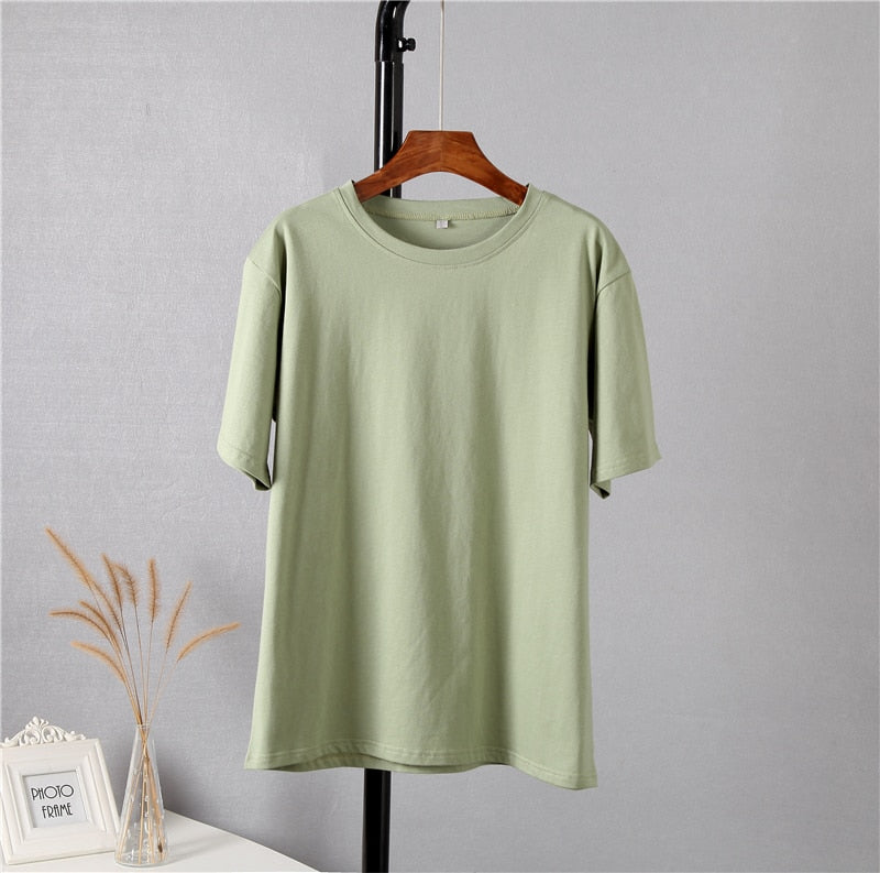 WYWM Summer Women Basic Loose T Shirt Solid Color Oversized Cotton Harajuku Short Sleeve Knitted Tees Korean Casual Female Tops