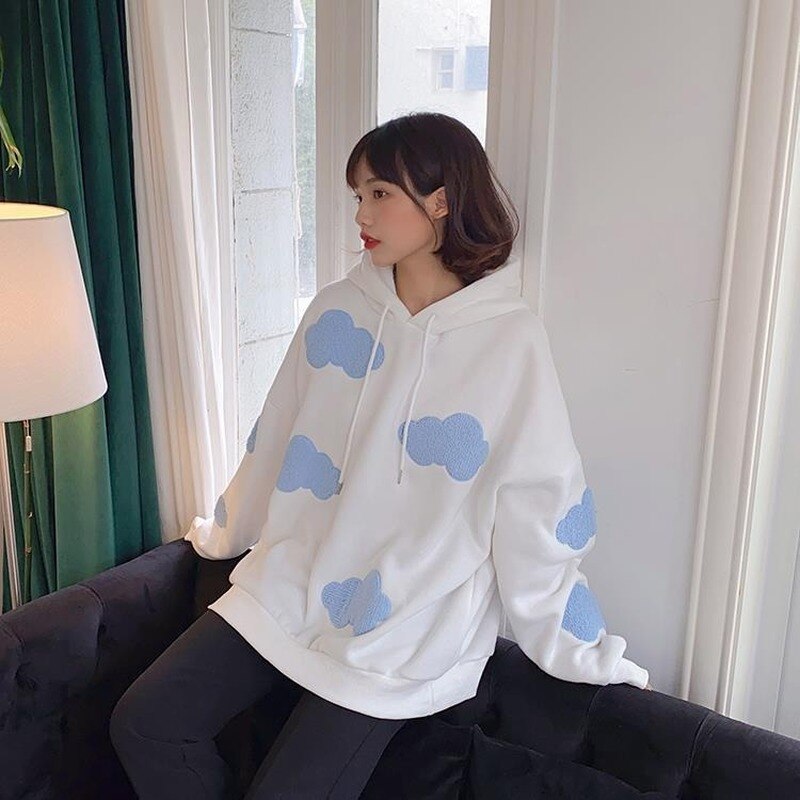 Korean Sweatshirt Women Winter Fashion Clouds Pullover Plus Velvet