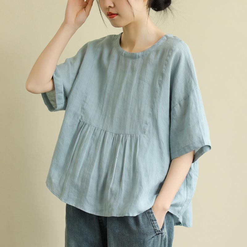 Summer New Arts Style Women Short Sleeve Loose T-shirt All-matched Casual Cotton Linen O-neck Tee Shirt Femme Tops M171