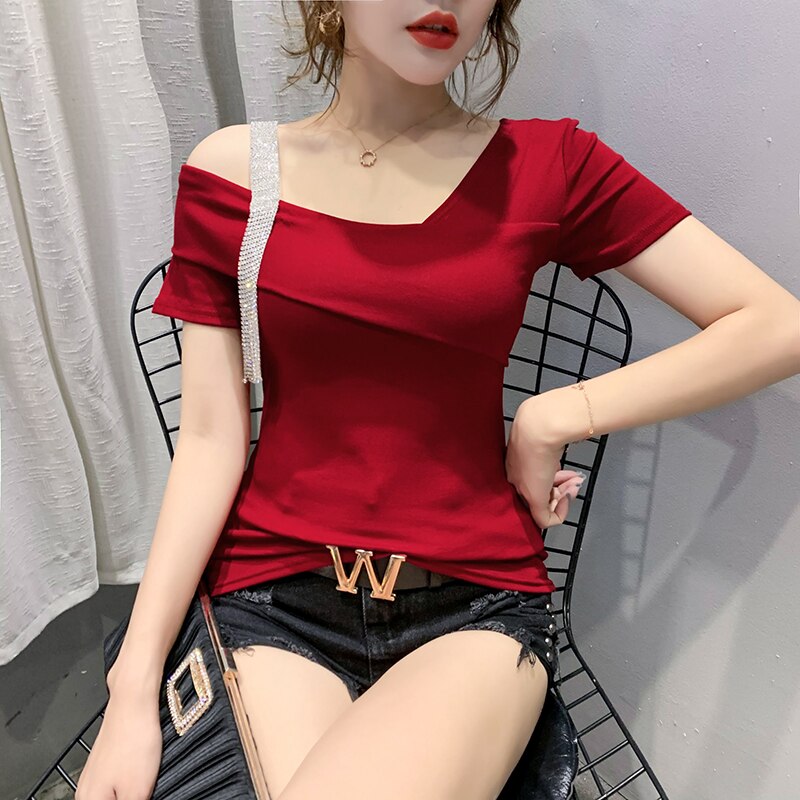 European Clothes Fashion Asymmetrical Hollow Out T-shirt Women 2020 New Summer Back Tops Ropa Mujer Bottoming Shirt Tees T02210