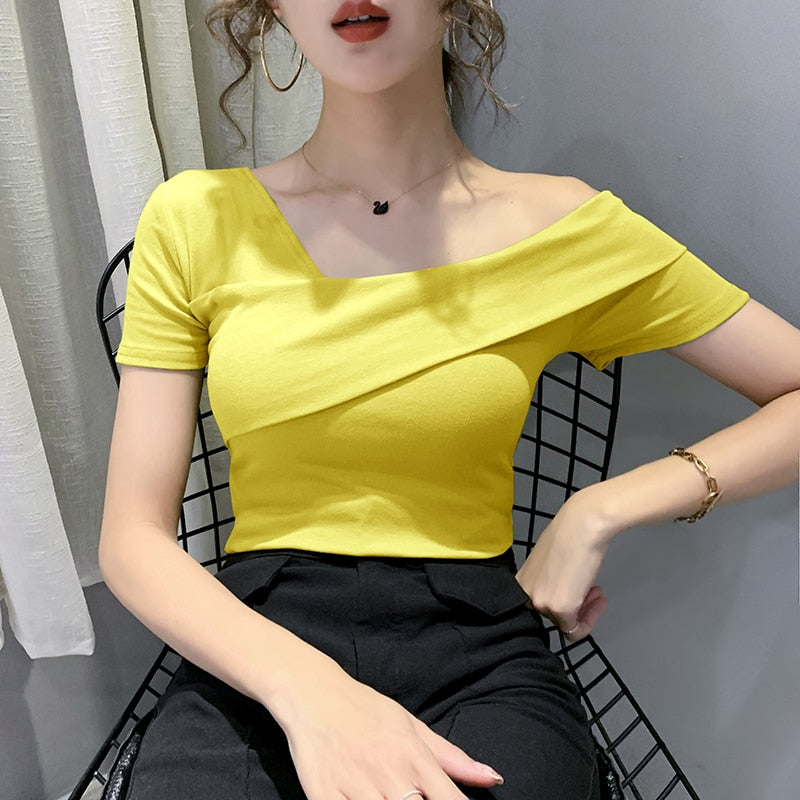 European Clothes Fashion Asymmetrical Hollow Out T-shirt Women 2020 New Summer Back Tops Ropa Mujer Bottoming Shirt Tees T02210