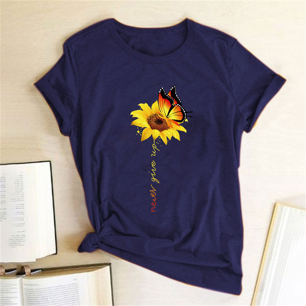 Aesthetic Cotton T Shirt Women Harajuku Graphic Tees Shirt Femme Sun Flower Butterfly White Women's T-shirt Never Give Up Tshirt