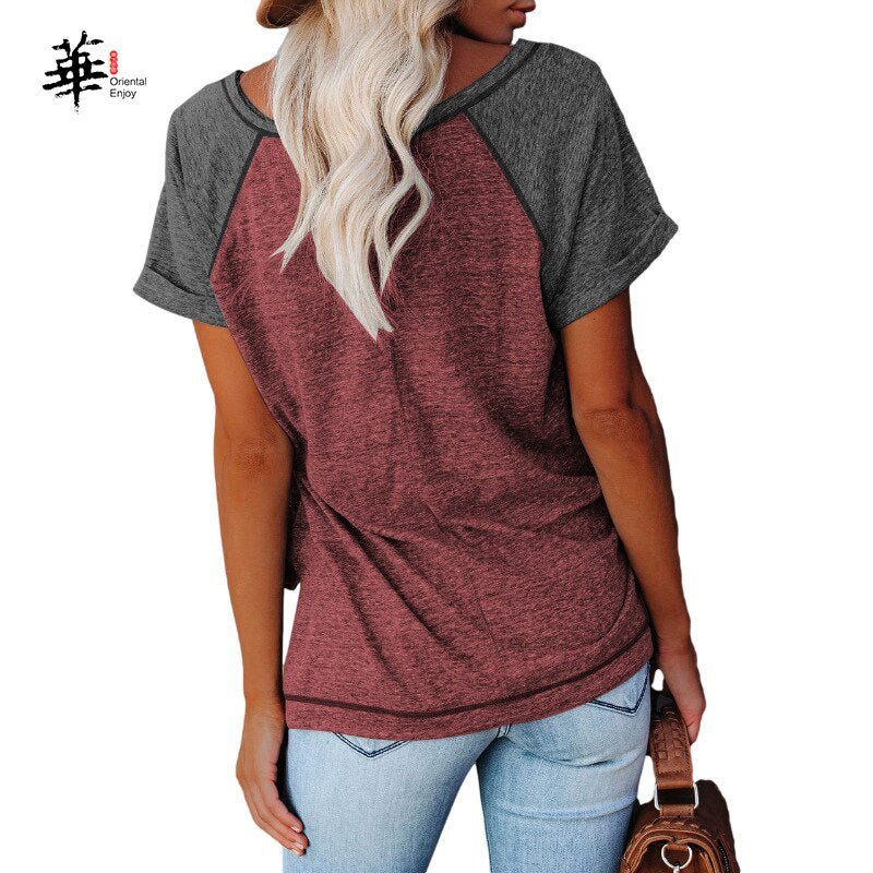 Women Summer T-Shirt Casual New Arrival Loose O-Neck Splice Cotton Women Tops T-Shirt for Girls