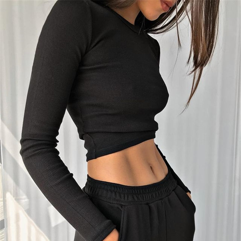 Irene O Neck Long Sleeve Shirt Women Ribbed Sexy Cropped