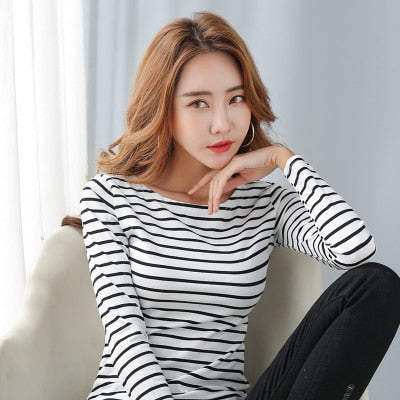 Basic Striped T-shirt Women Casual Cotton Stretchy Long Sleeve Spring Autumun Tops Tee Plus Size S-5XL Casual T01301B