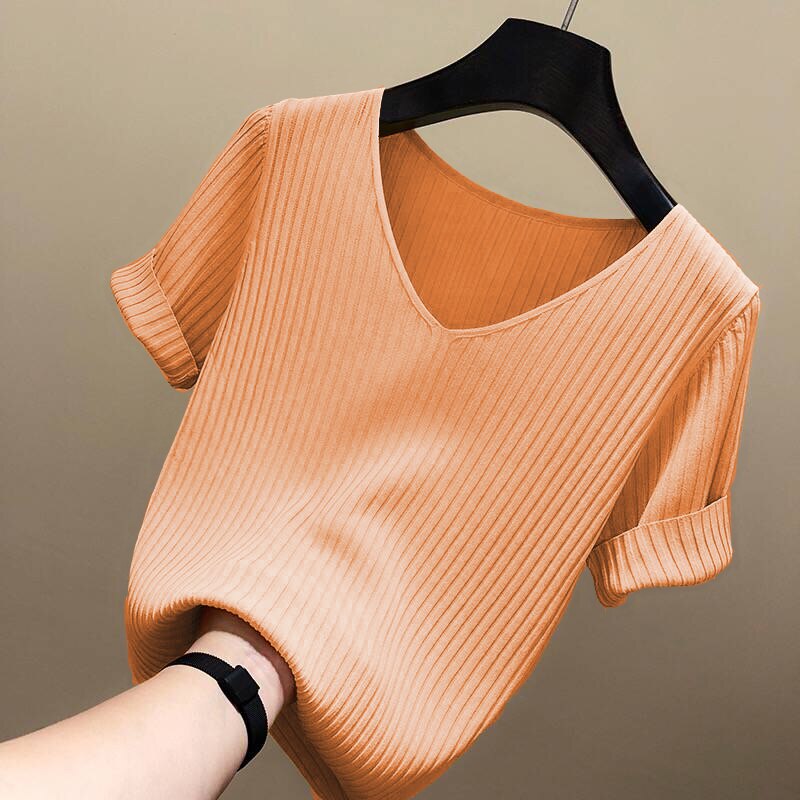 Knitted Short Sleeve Women V-Neck T Shirts Blue Loose Black