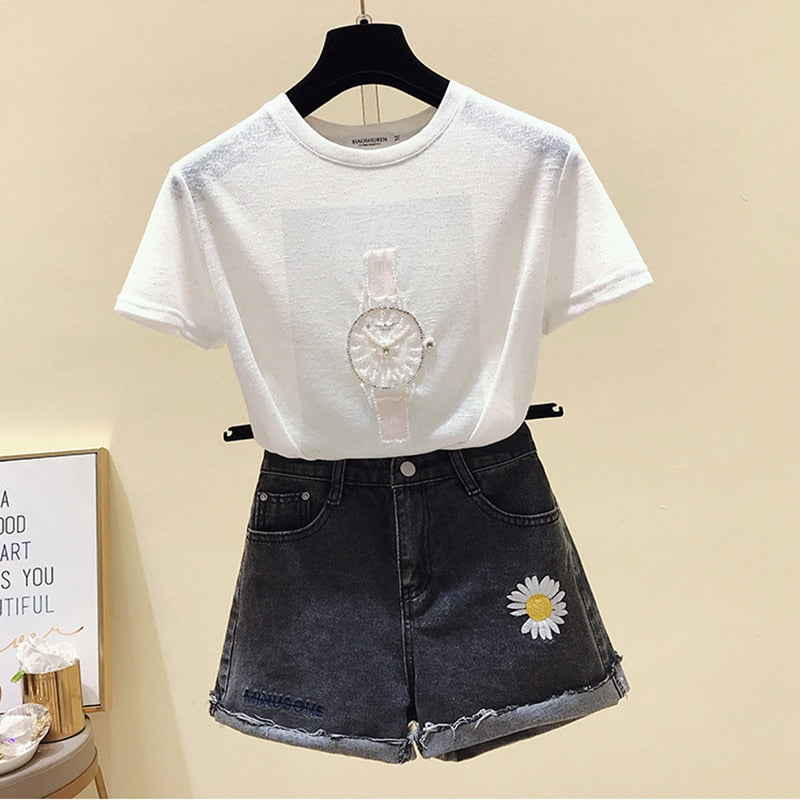 T Shirt Women Summer Tops Beading T-Shirt