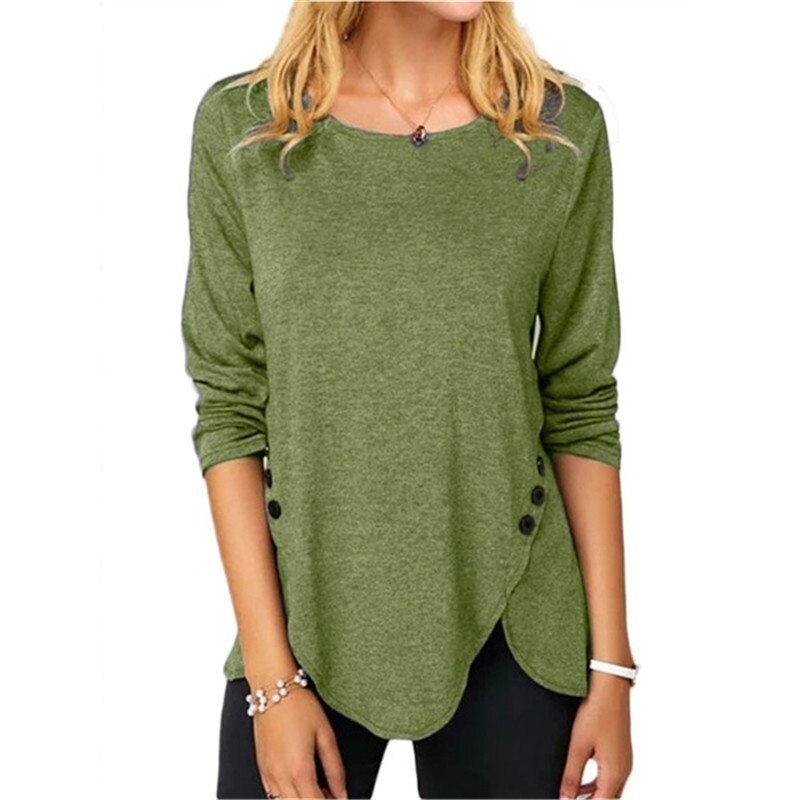 Women Round Neck Long Sleeves Button T-Shirt Color