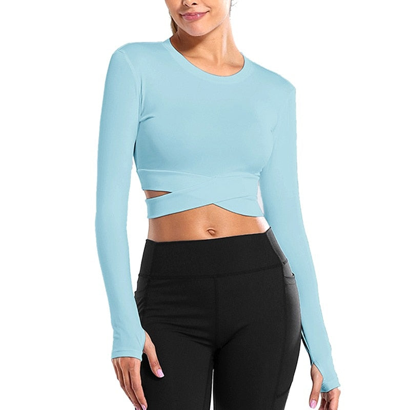 Women Long Sleeve Running Shirts Sexy Exposed Navel Yoga T-shirts