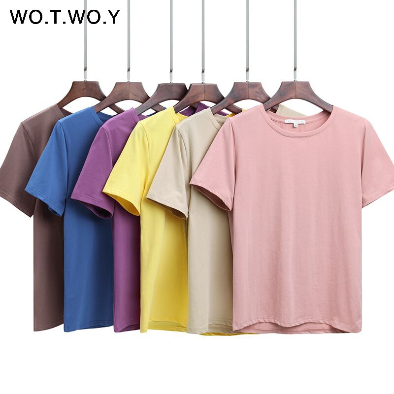 WOTWOY 2021 Summer Cotton T Shirt Women Loose Style Solid Tee Shirt Female Short Sleeve Top Tees O-Neck T-shirt Women 12 Colors