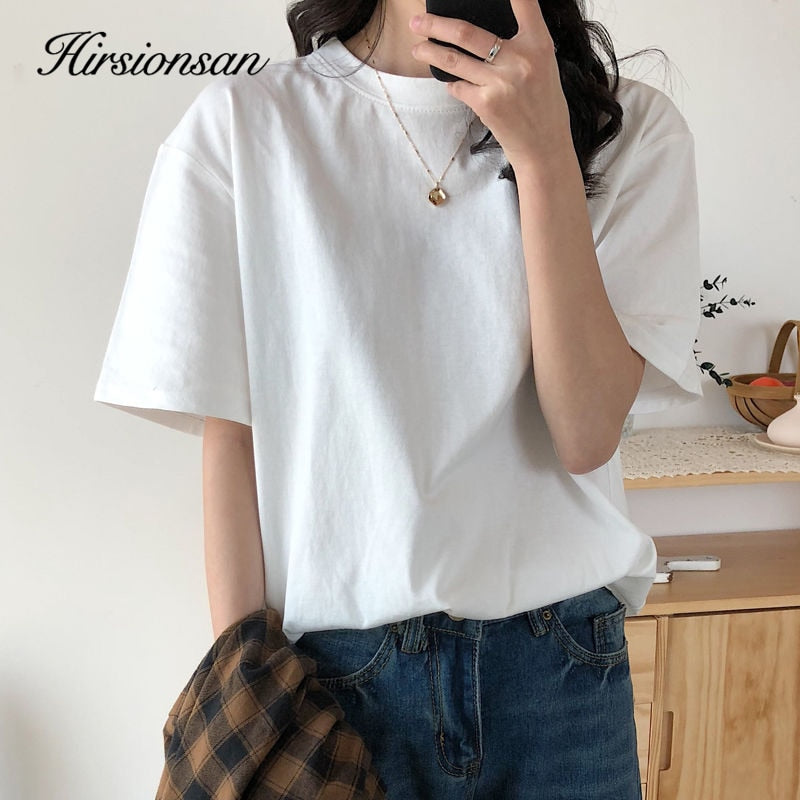 Hirsionsan 100% Cotton T Shirt Women Summer New Oversized Solid Basic Tees 9 Color Casual Loose Tshirt Korean O Neck Khaki Tops