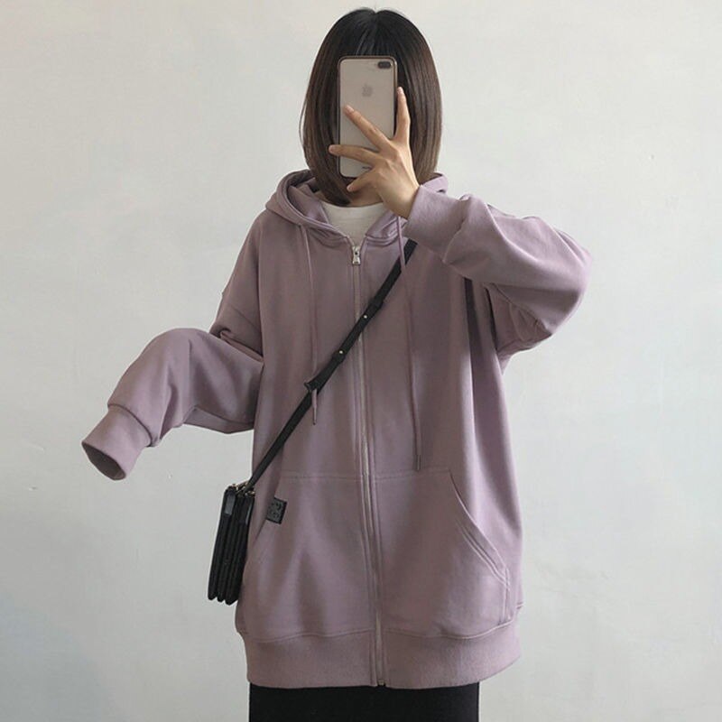 Hoodies women zipper kangaroo pocket casual loose solid color sweatshirt female