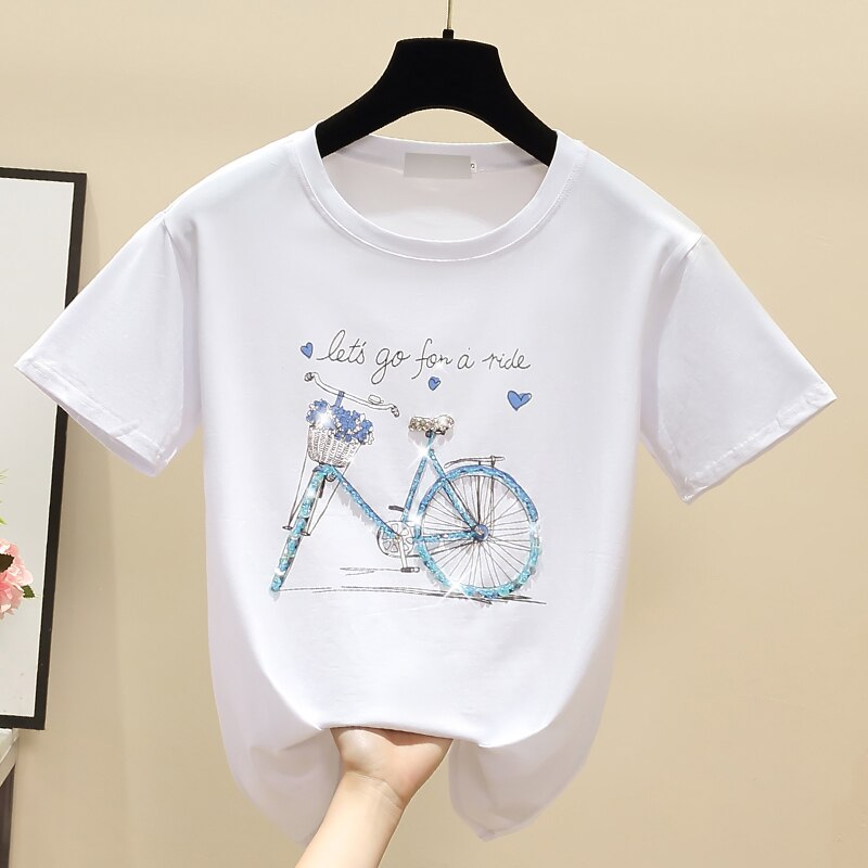 gkfnmt Beading Print Pink T Shirt Summer Short Sleeve Women Top White Tshirt Cotton Korean Style T-shirt Women Clothes