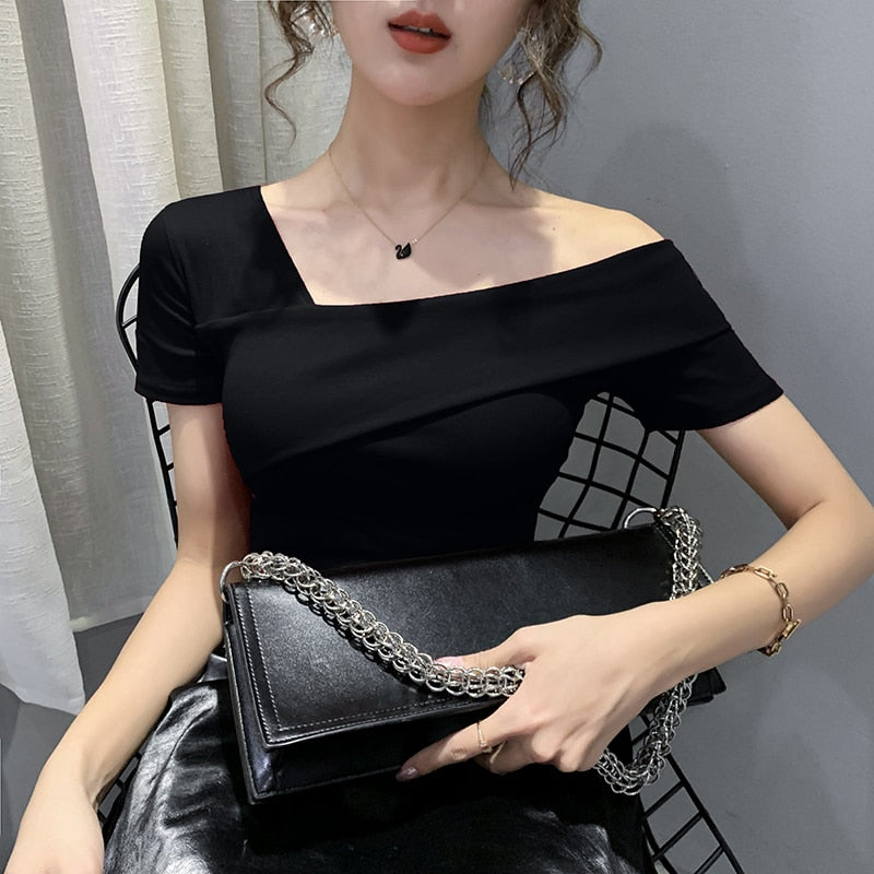 European Clothes Fashion Asymmetrical Hollow Out T-shirt Women 2020 New Summer Back Tops Ropa Mujer Bottoming Shirt Tees T02210