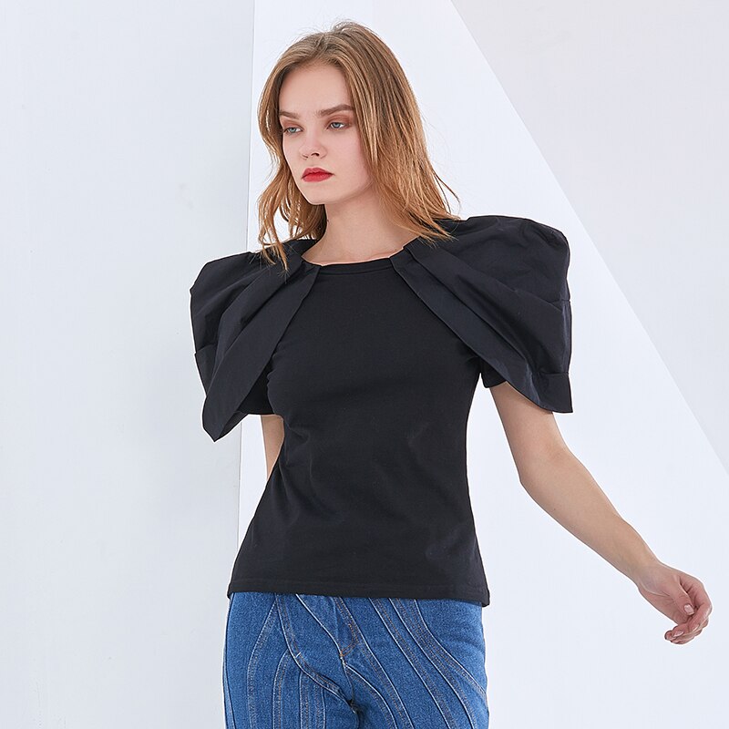 TWOTWINSTYLE Black Chic T Shirt For Women O Neck Puff Short Sleeve Slim Ruched Casual T Shirts Female Fashion New Style Summer