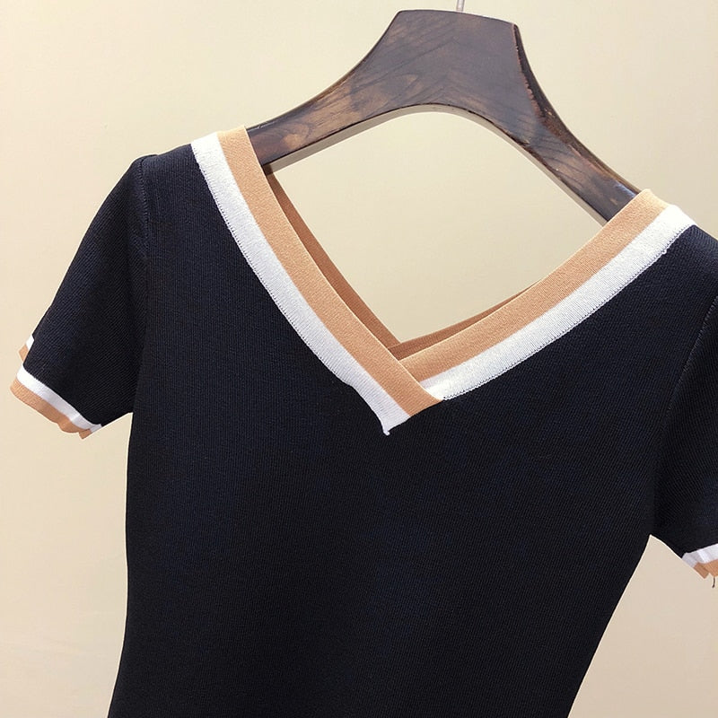 V-Neck T Shirt Women Tshirt Contrast Color Striped Knitted