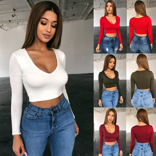 2020 Women T-Shirt Long Sleeve Sexy Ladies Deep V-Neck Crop Tops Spring Autumn Solid Color Basic Slim Female Clothing