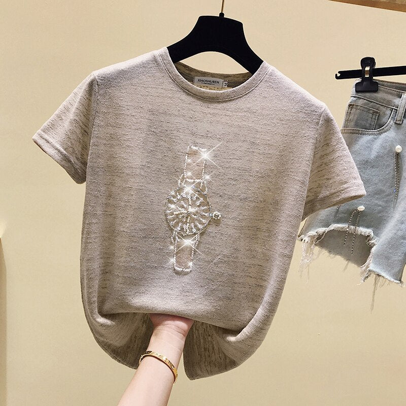 T Shirt Women Summer Tops Beading T-Shirt