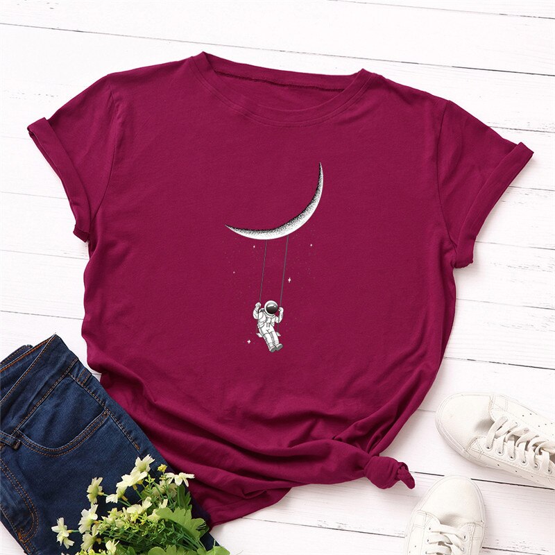 Plus Size S to 5XL TShirt New Moon Astronaut Print Loose Women