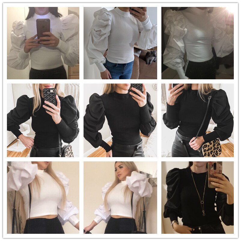 Fashion Long Puff Sleeve T-shirt Women Elegant Office Lady