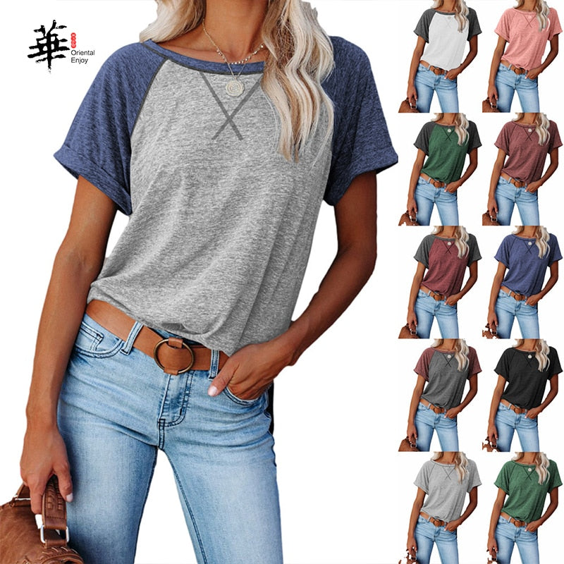 Women Summer T-Shirt Casual New Arrival Loose O-Neck Splice Cotton Women Tops T-Shirt for Girls