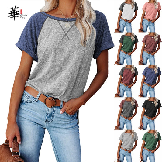 Women Summer T-Shirt Casual New Arrival Loose O-Neck Splice Cotton Women Tops T-Shirt for Girls