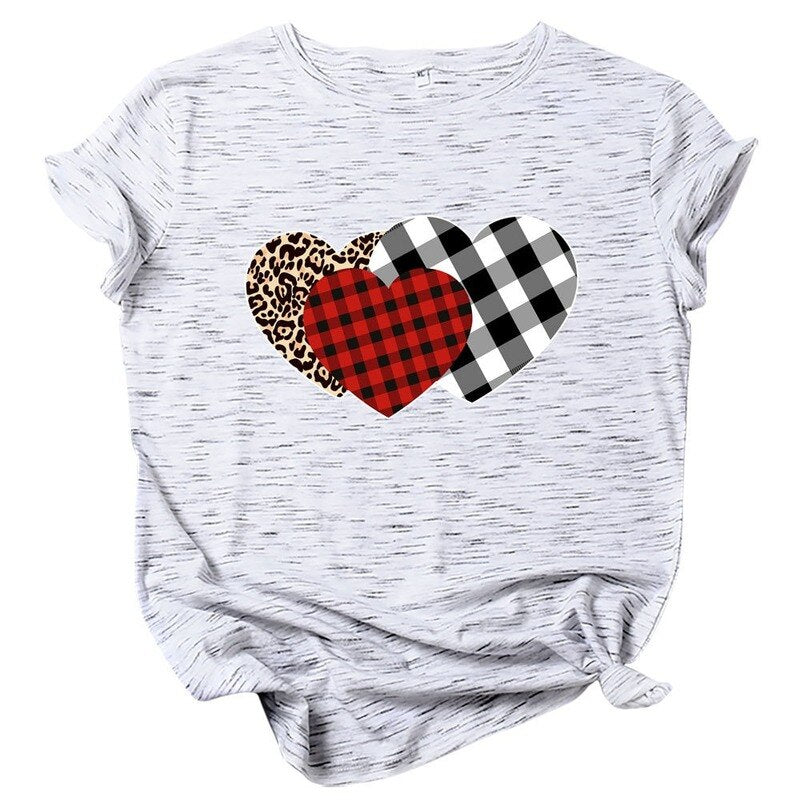 JCGO Summer Women T Shirt Cotton Plus Size 5XL Cute Plaid Heart Print Graphic Tees Tops Short Sleeve O-Neck Casual Woman Tshirts