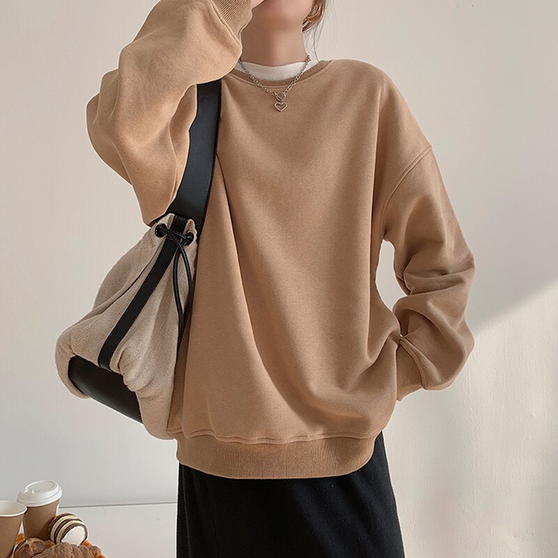 Spring Fleece Thick Sweatshirt Vintage Solid Warm O Neck Pullover