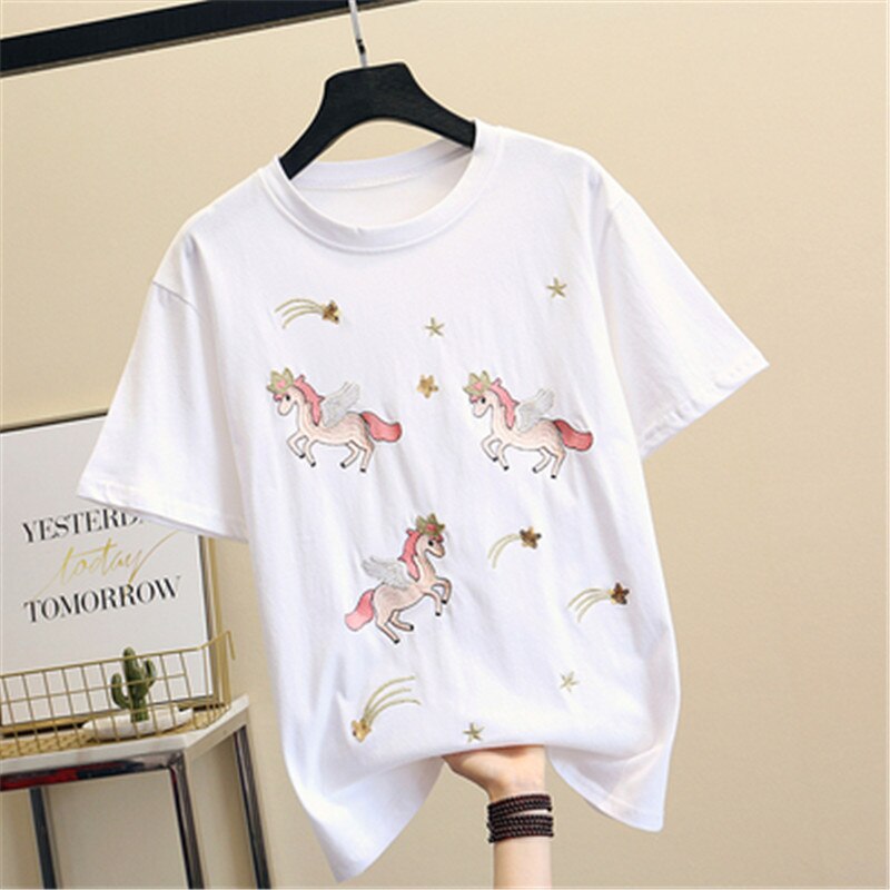 Women Luxurious Embroidery Sequins Cartoon T Shirt Lady O-neck Short Sleeve Bow Tee Shirt Cotton Casual Tshirt Summer Female Top