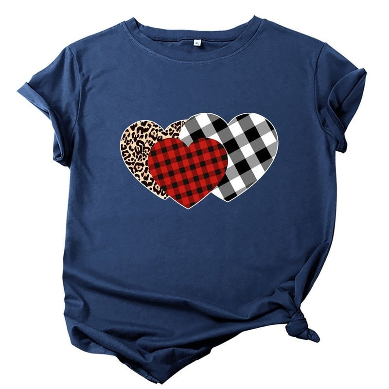 JCGO Summer Women T Shirt Cotton Plus Size 5XL Cute Plaid Heart Print Graphic Tees Tops Short Sleeve O-Neck Casual Woman Tshirts