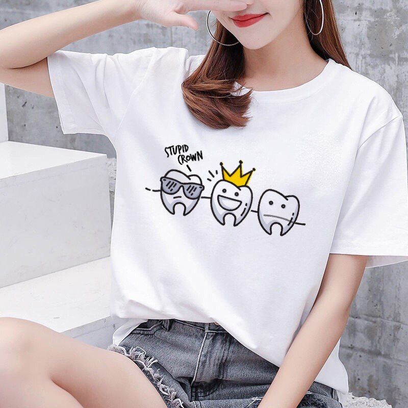 Aesthetic funny tooth dentist women's T-shirt 90s Harajuku Kawaii O-neck T-shirt pattern fashion printing Plus size women shirts