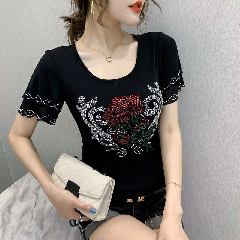 Korean Clothes T-shirt Fashion Diamonds Rose Women Tops