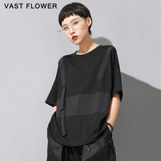 Women Black Contrast Color Plus Size T-shirt New Patchwork