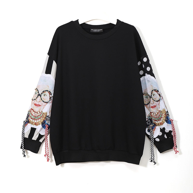Black Long Sleeve Sweatshirts Women Patchwork Print Tassel