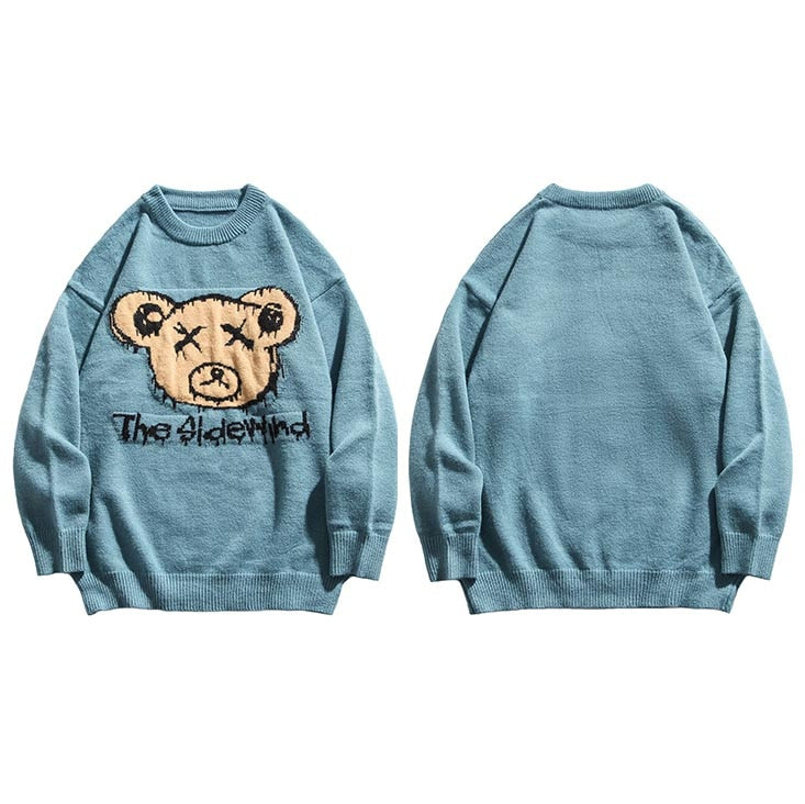 Men Hip Hop Streetwear Knitted Sweater Funny Bear Sweater Jumper