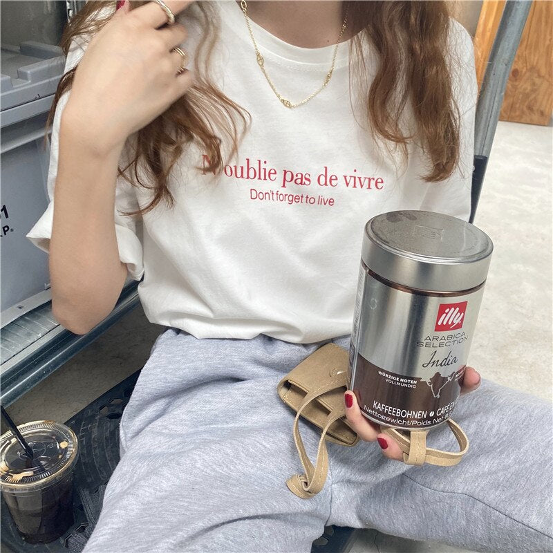 Letter Printed Thin Short Sleeve Cotton O-neck Fashion Vintage Sweet Fresh College Wind Basic 2021 Summer Women T-shirts