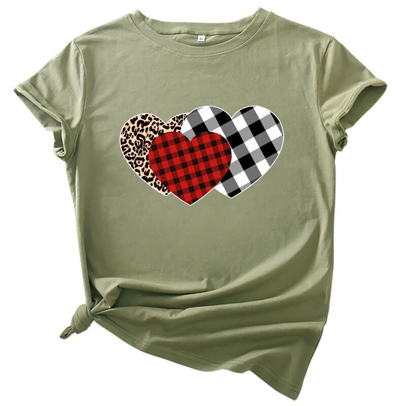 JCGO Summer Women T Shirt Cotton Plus Size 5XL Cute Plaid Heart Print Graphic Tees Tops Short Sleeve O-Neck Casual Woman Tshirts