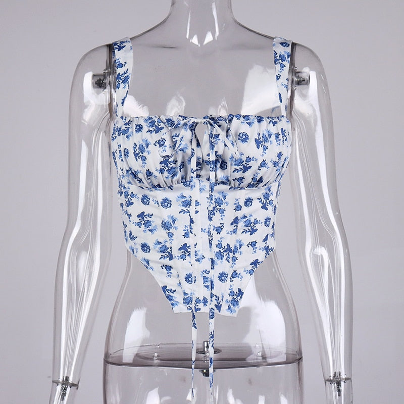 Floral Corset Women Sweet Print Hollow Up Tie Up Sexy Crop Top
