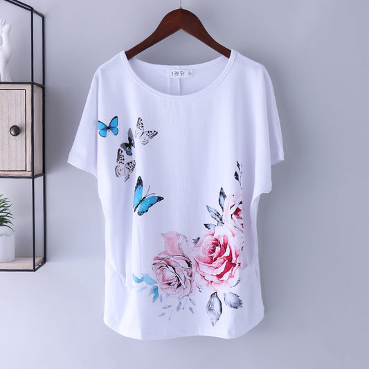 T-shirt Tops Women's Summer Cotton Loose Short-Sleeve Tees Female White Printing T-shirt Basic Large Size Loose Bat Sleeve M 4XL