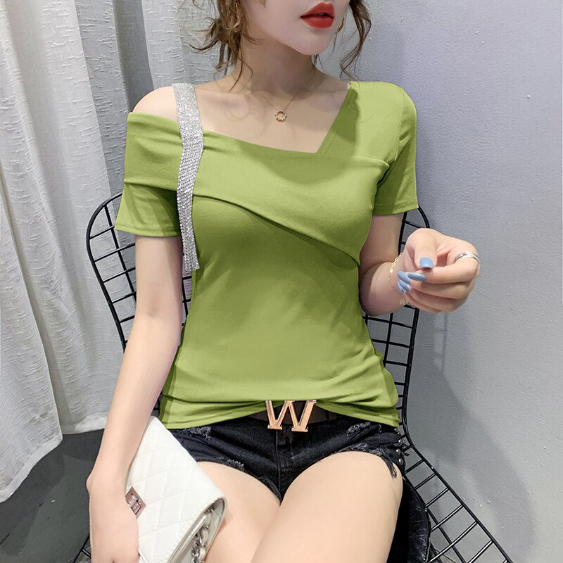 European Clothes Fashion Asymmetrical Hollow Out T-shirt Women 2020 New Summer Back Tops Ropa Mujer Bottoming Shirt Tees T02210