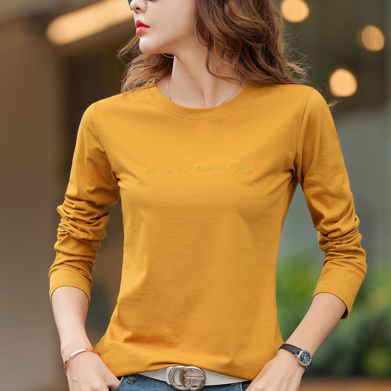 Letter Embroidery 2021 Autumn Cotton T-shirt Spring Women Long Sleeve Casual Red T shirts Fashion O-Neck Blue Yellow Simple Tops