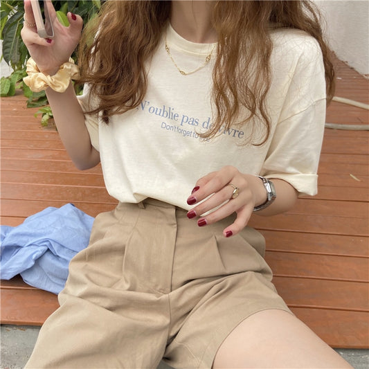 Letter Printed Thin Short Sleeve Cotton O-neck Fashion Vintage Sweet Fresh College Wind Basic 2021 Summer Women T-shirts